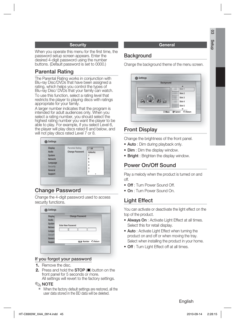 Security, Parental rating, Change password | General, Background, Front display, Power on/off sound, Light effect, English, If you forgot your password | Samsung 5.1CH BLU-RAY HT-C6900W User Manual | Page 45 / 73