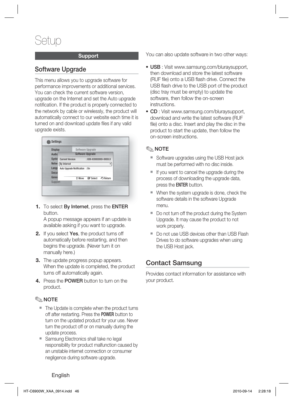 Support, Software upgrade, Contact samsung | Setup | Samsung 5.1CH BLU-RAY HT-C6900W User Manual | Page 46 / 73