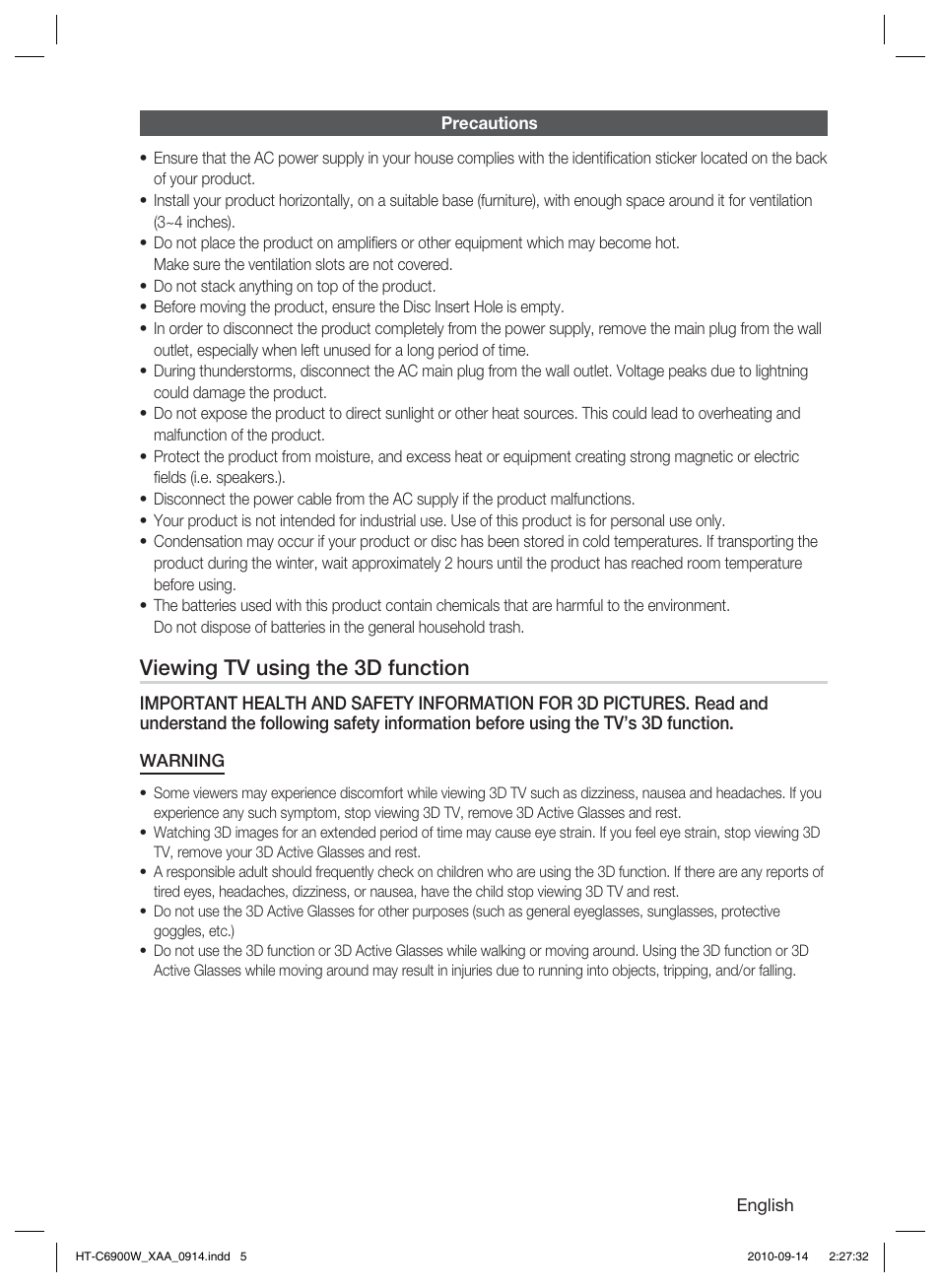 Precautions, Viewing tv using the 3d function | Samsung 5.1CH BLU-RAY HT-C6900W User Manual | Page 5 / 73