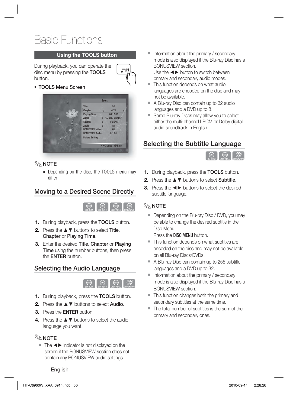 Using the tools button, Basic functions, Hzzy | Hzzx, Moving to a desired scene directly, Selecting the audio language, Selecting the subtitle language | Samsung 5.1CH BLU-RAY HT-C6900W User Manual | Page 50 / 73