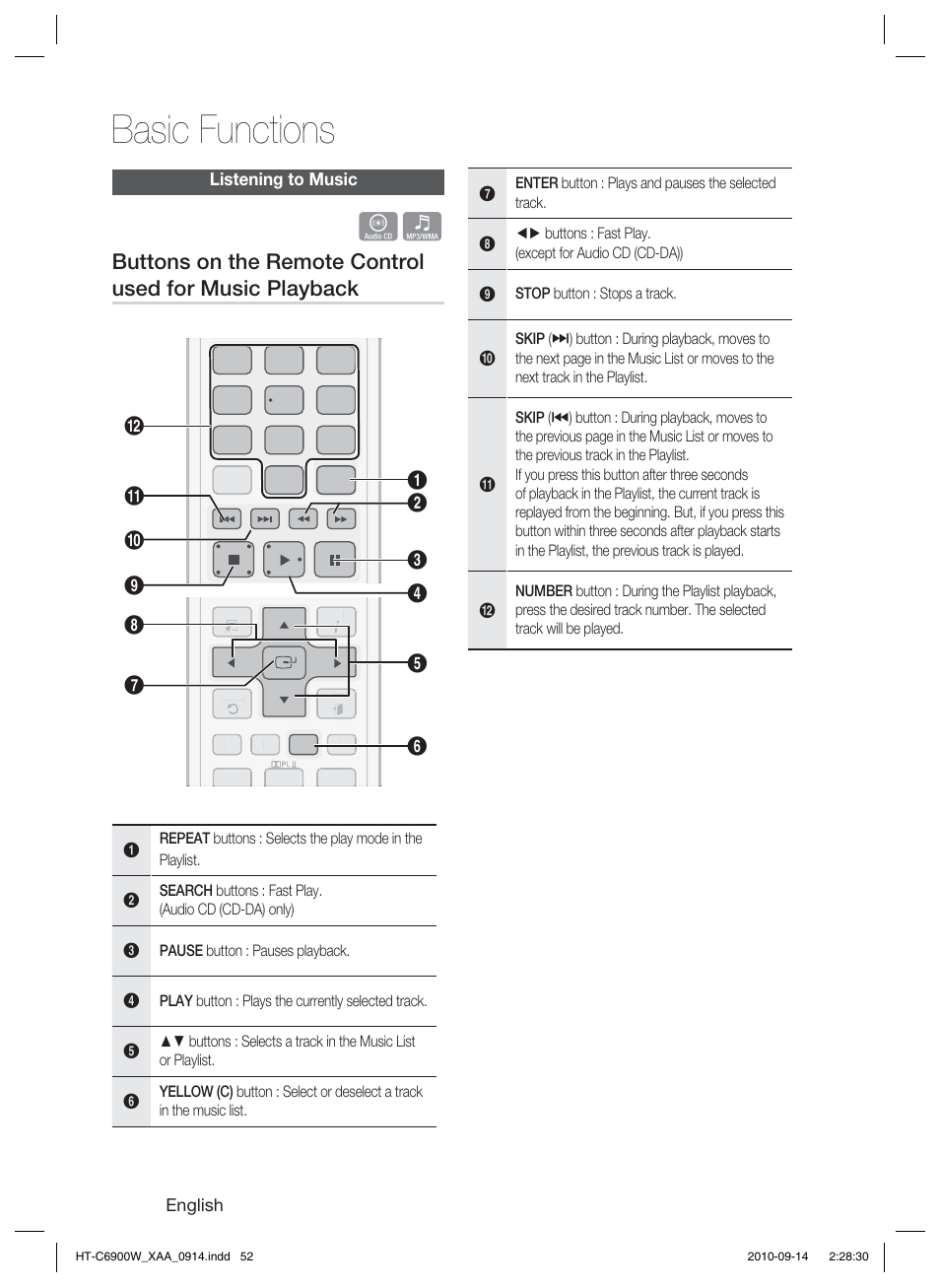 Listening to music, Basic functions | Samsung 5.1CH BLU-RAY HT-C6900W User Manual | Page 52 / 73