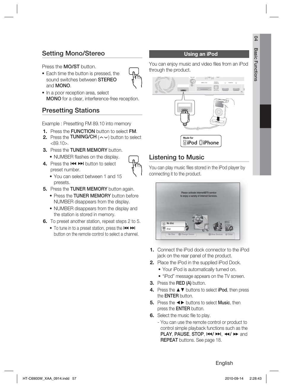 Using an ipod, Listening to music, Setting mono/stereo | Presetting stations, English | Samsung 5.1CH BLU-RAY HT-C6900W User Manual | Page 57 / 73