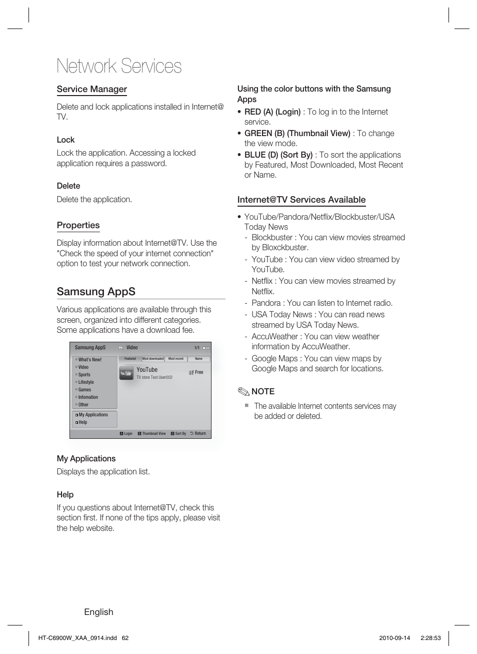 Network services, Samsung apps, English | Service manager, Properties, Internet@tv services available | Samsung 5.1CH BLU-RAY HT-C6900W User Manual | Page 62 / 73