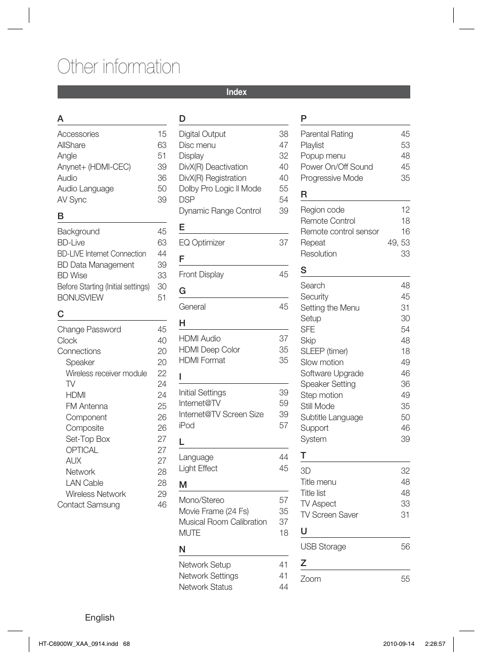 Index, Other information | Samsung 5.1CH BLU-RAY HT-C6900W User Manual | Page 68 / 73
