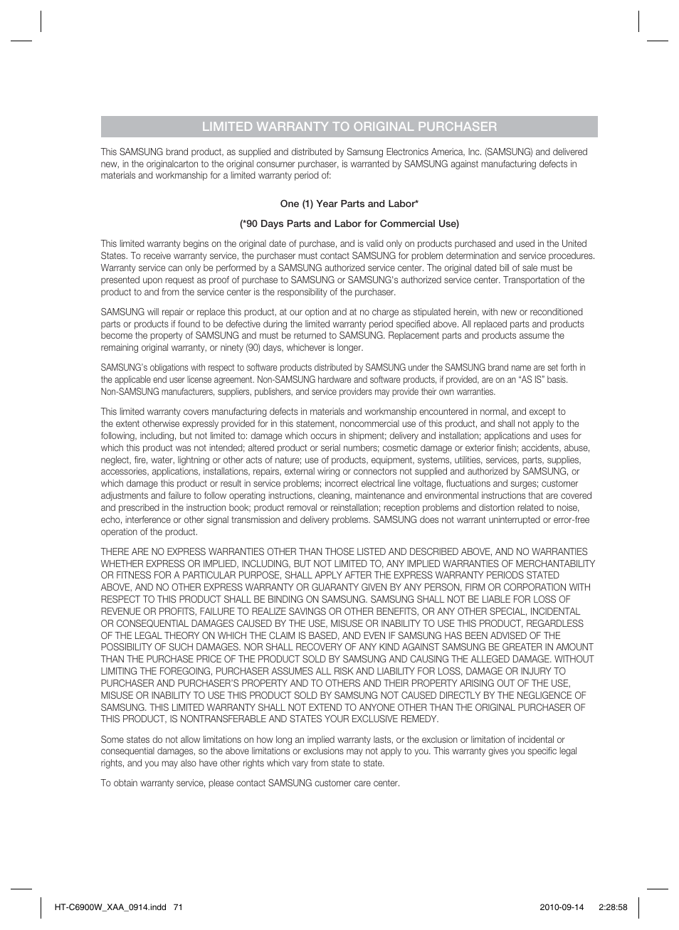 Limited warranty to original purchaser | Samsung 5.1CH BLU-RAY HT-C6900W User Manual | Page 71 / 73