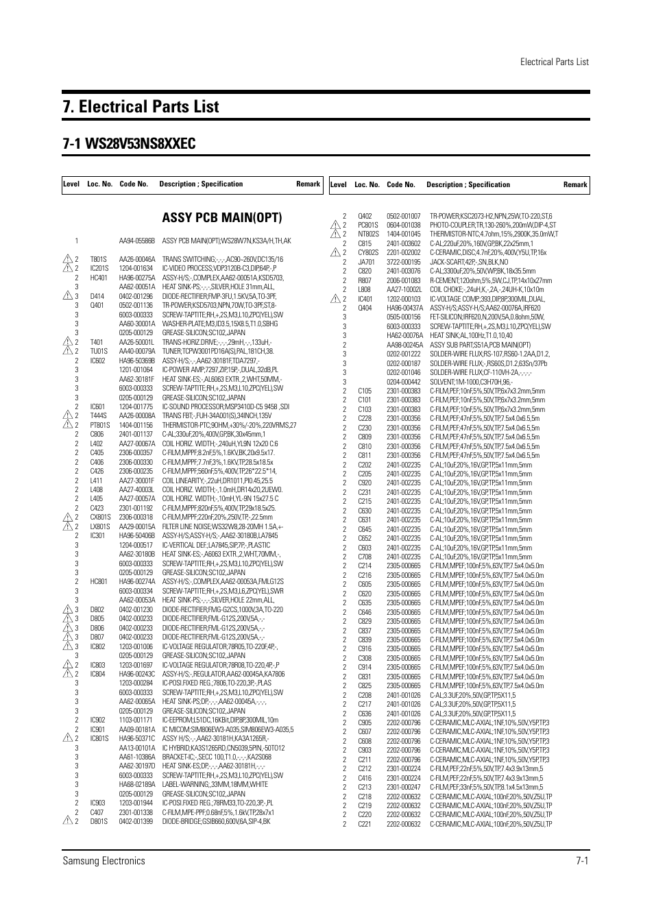 Electrical parts list, Assy pcb main(opt), Samsung electronics 7-1 | Samsung WS28V53NS8XXEC User Manual | Page 49 / 90