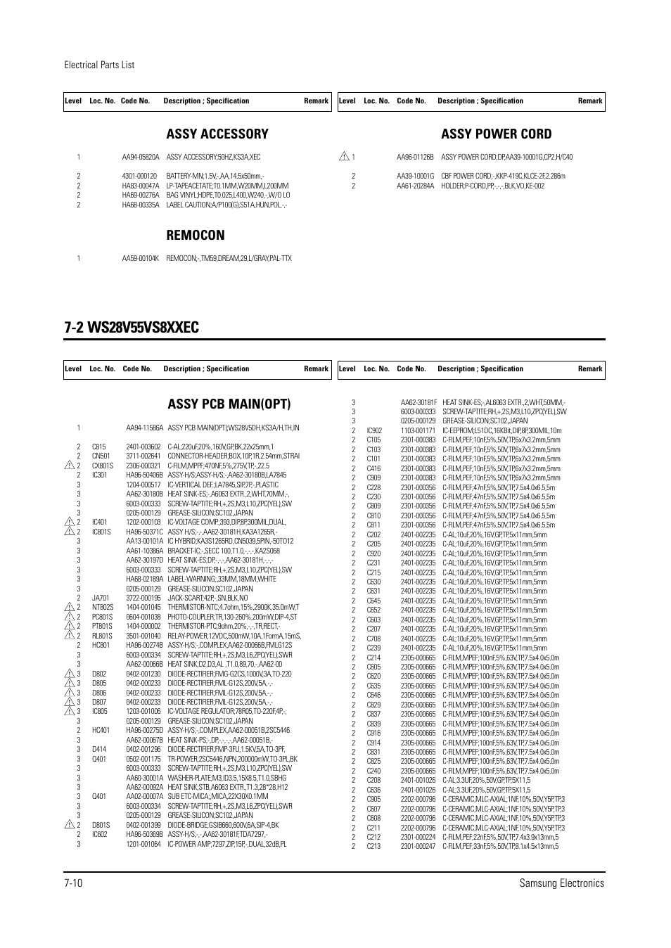 Assy pcb main(opt), Assy accessory, Remocon | Assy power cord, 10 samsung electronics | Samsung WS28V53NS8XXEC User Manual | Page 58 / 90