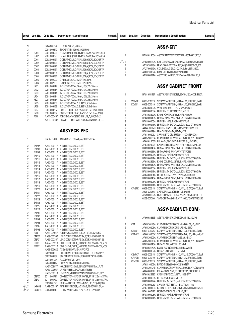 Assypcb-pfc, Assy-crt, Assy cabinet front | Assy-cabinet(com), Samsung electronics 7-29 | Samsung WS28V53NS8XXEC User Manual | Page 77 / 90