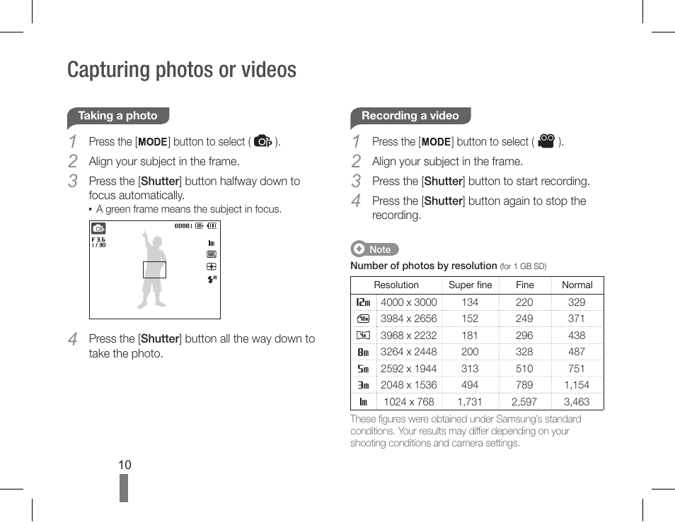 Capturing photos or videos | Samsung AQ100 User Manual | Page 10 / 30