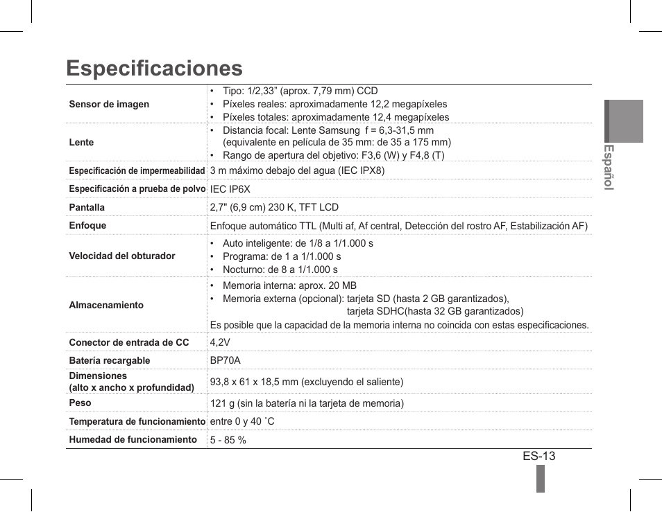 Especificaciones | Samsung AQ100 User Manual | Page 27 / 30