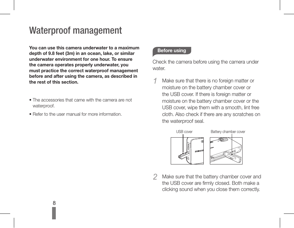 Waterproof management | Samsung AQ100 User Manual | Page 8 / 30