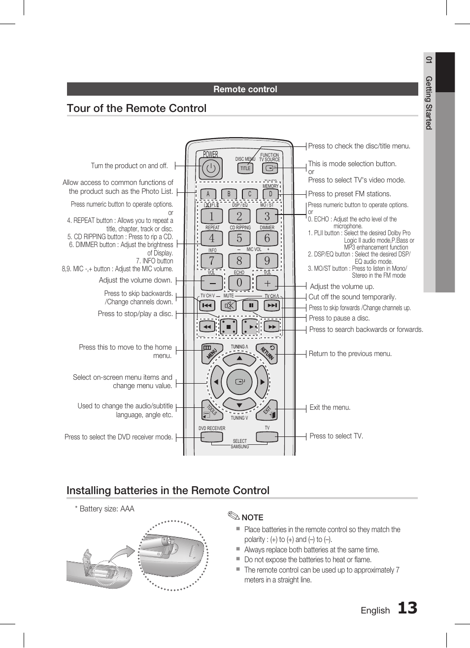 Tour of the remote control, Installing batteries in the remote control | Samsung AH68-02293B User Manual | Page 13 / 39