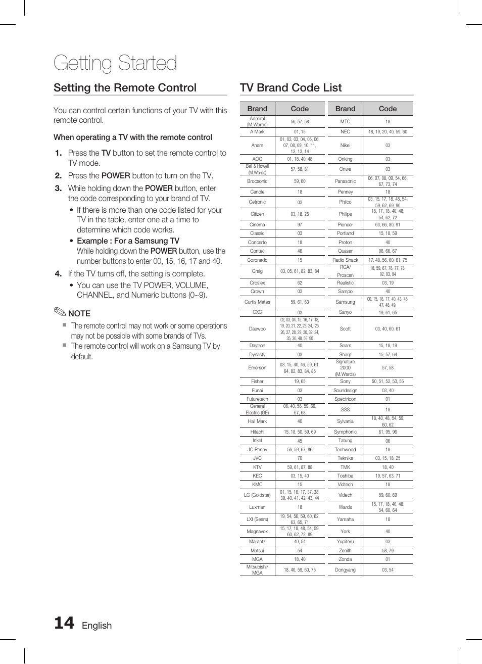 Getting started, Setting the remote control, Tv brand code list | English | Samsung AH68-02293B User Manual | Page 14 / 39