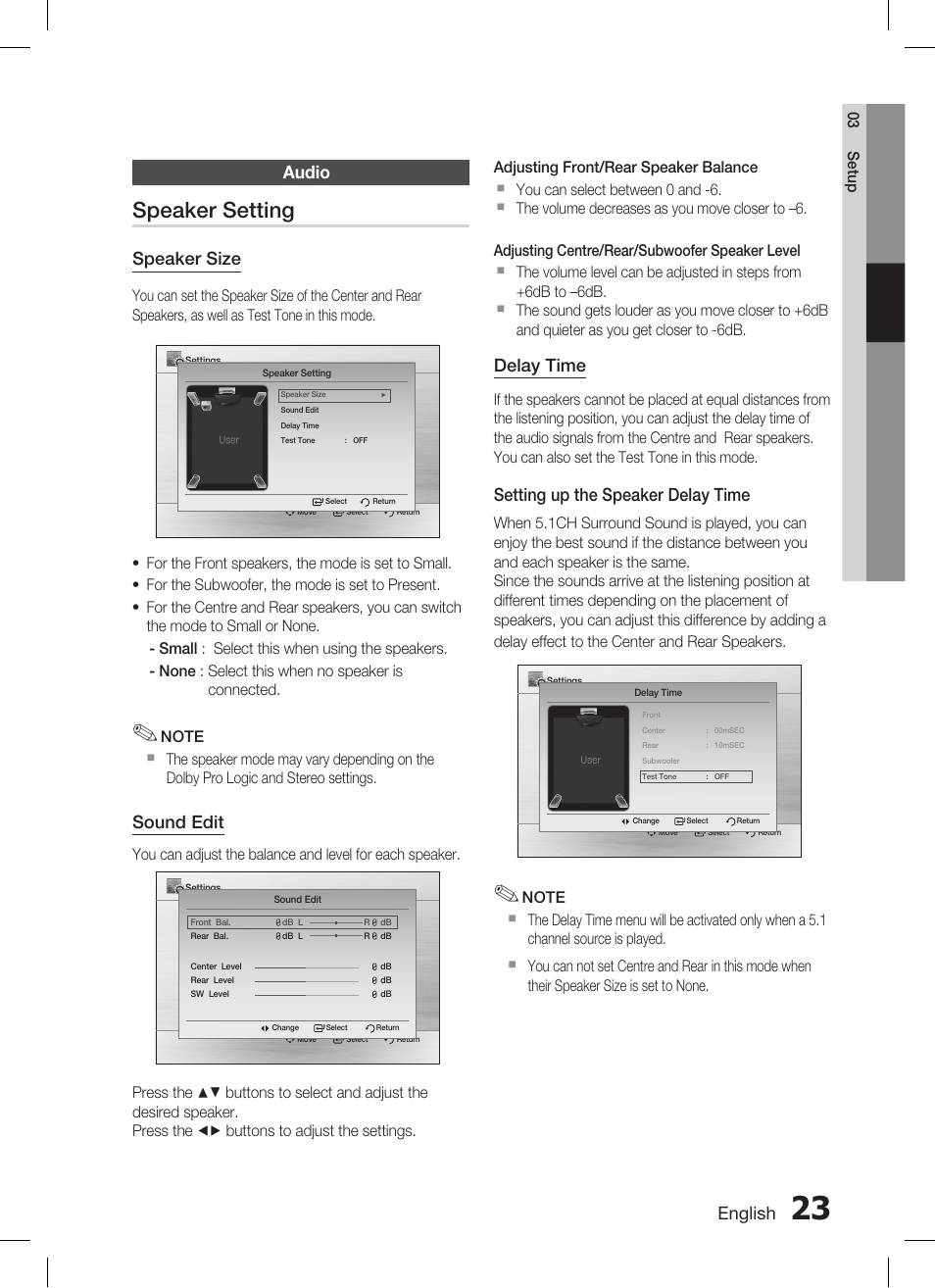 Speaker setting, English, Audio | Speaker size, Sound edit, Delay time, Setting up the speaker delay time | Samsung AH68-02293B User Manual | Page 23 / 39