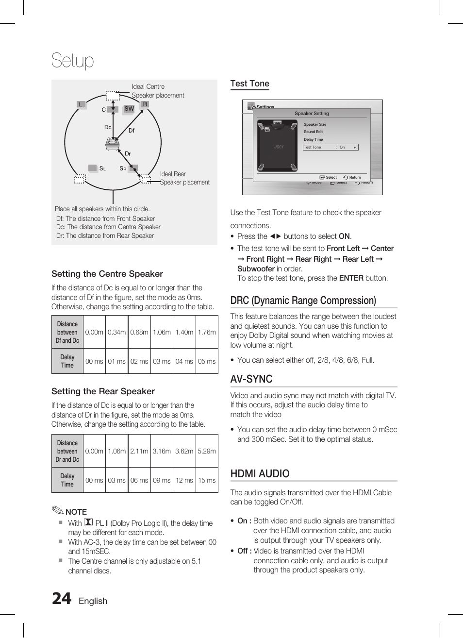 Setup, Drc (dynamic range compression), Av-sync | Hdmi audio | Samsung AH68-02293B User Manual | Page 24 / 39