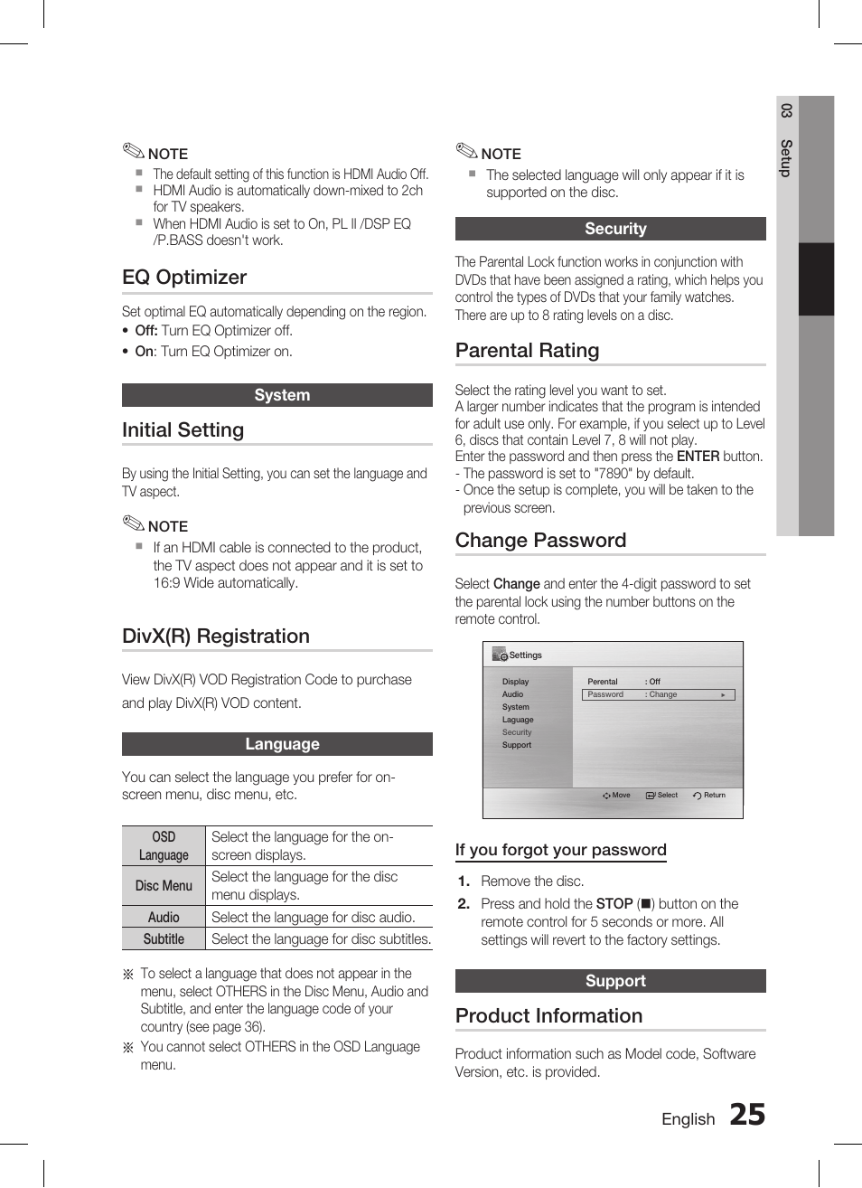 Eq optimizer, Initial setting, Divx(r) registration | Parental rating, Change password, Product information | Samsung AH68-02293B User Manual | Page 25 / 39