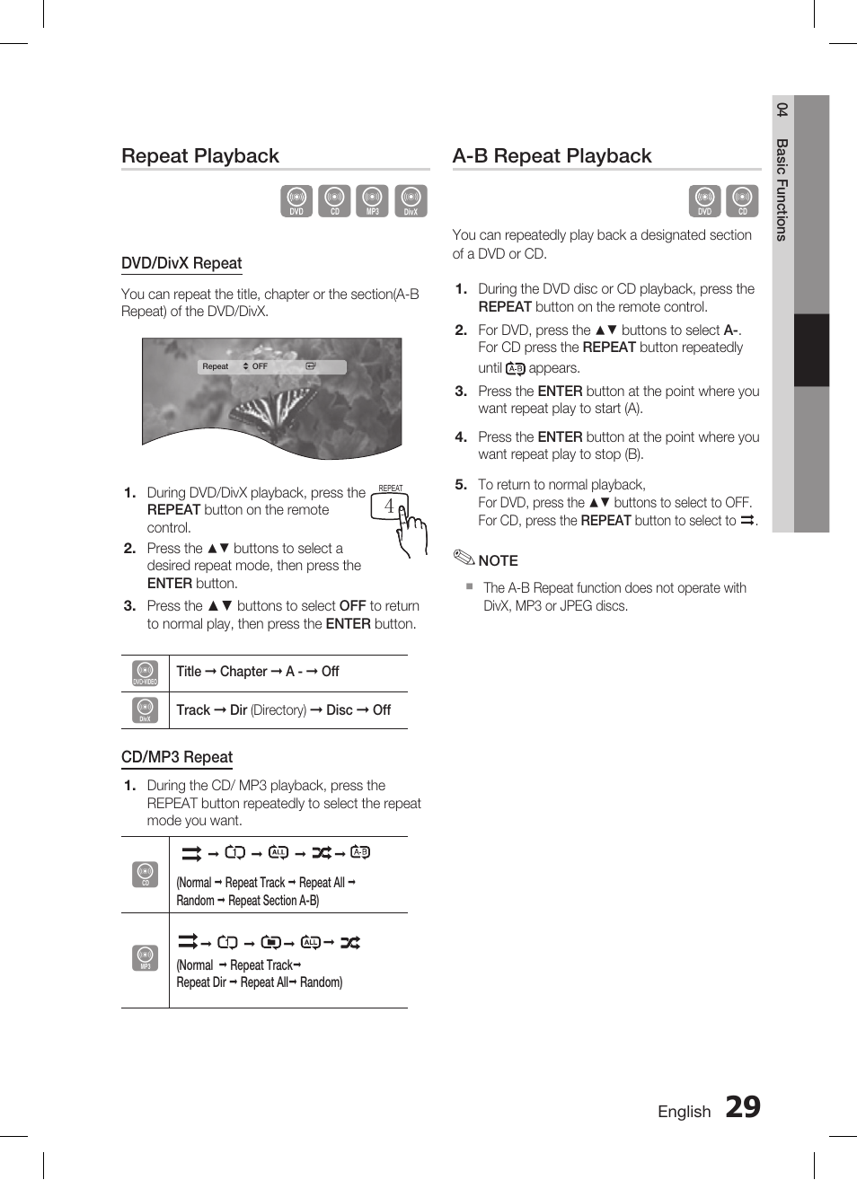 Repeat playback, A-b repeat playback | Samsung AH68-02293B User Manual | Page 29 / 39