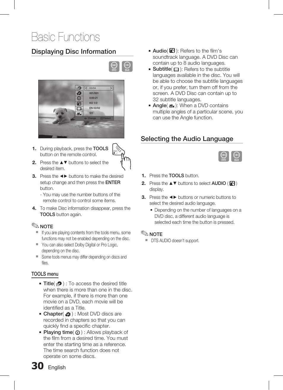 Basic functions, Displaying disc information, Selecting the audio language | Samsung AH68-02293B User Manual | Page 30 / 39