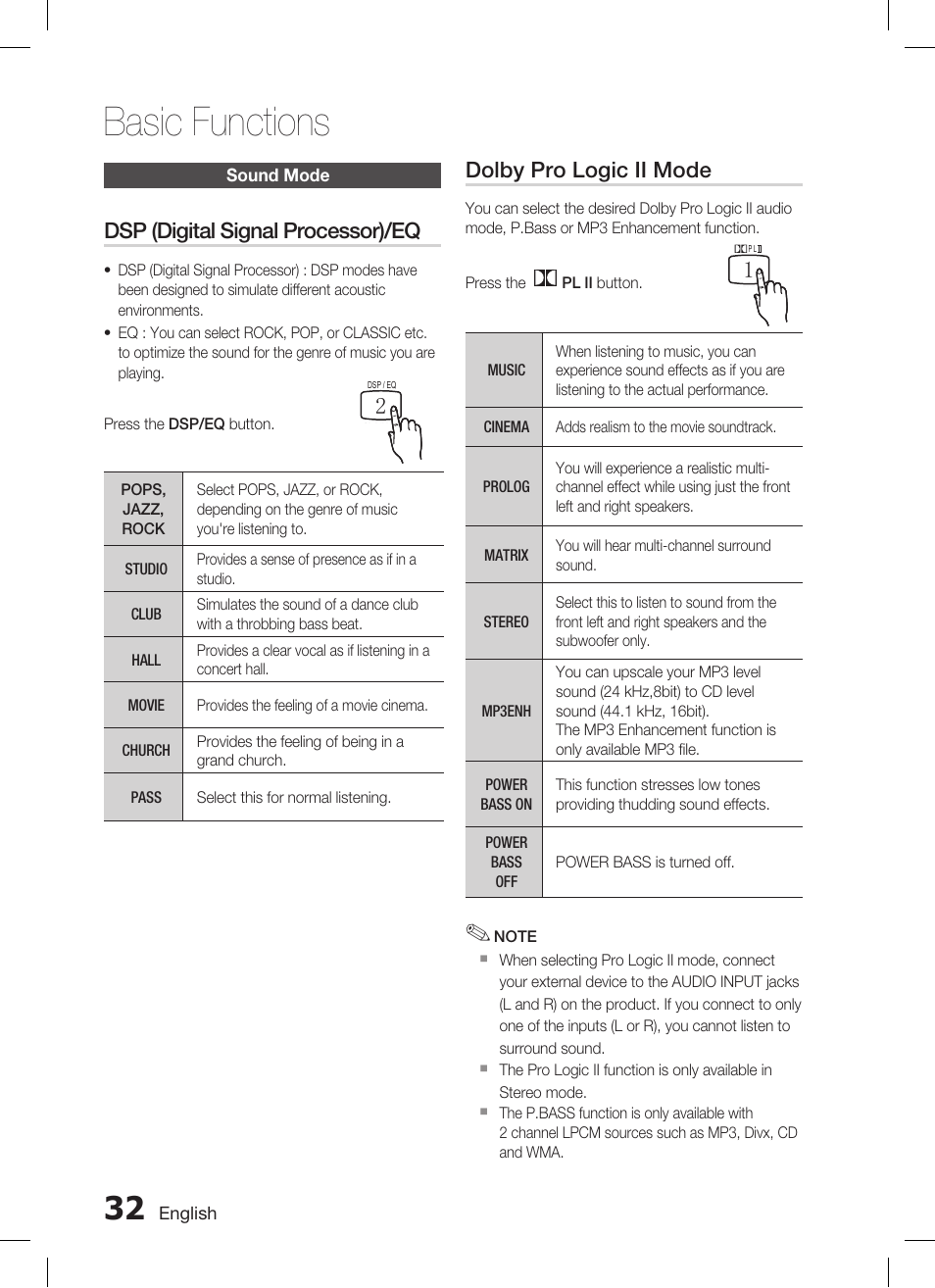 Basic functions, Dsp (digital signal processor)/eq, Dolby pro logic ii mode | Samsung AH68-02293B User Manual | Page 32 / 39