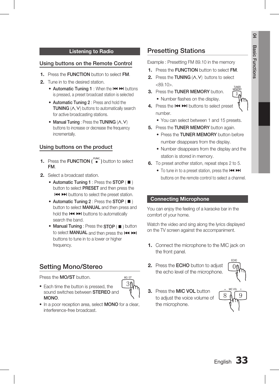 Setting mono/stereo, Presetting stations, English | Using buttons on the product, Connecting microphone | Samsung AH68-02293B User Manual | Page 33 / 39