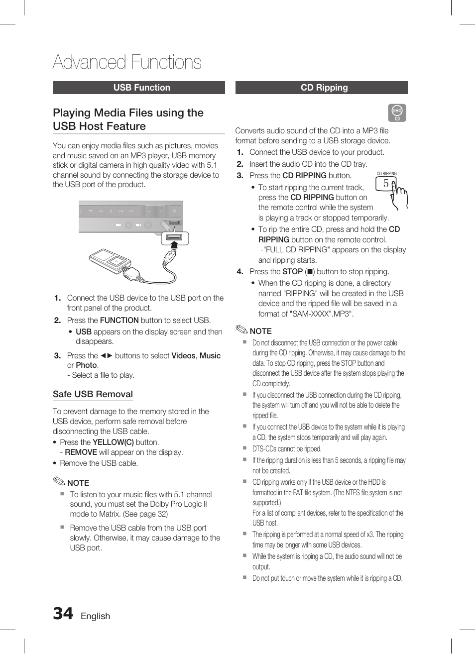 Advanced functions, Playing media files using the usb host feature | Samsung AH68-02293B User Manual | Page 34 / 39