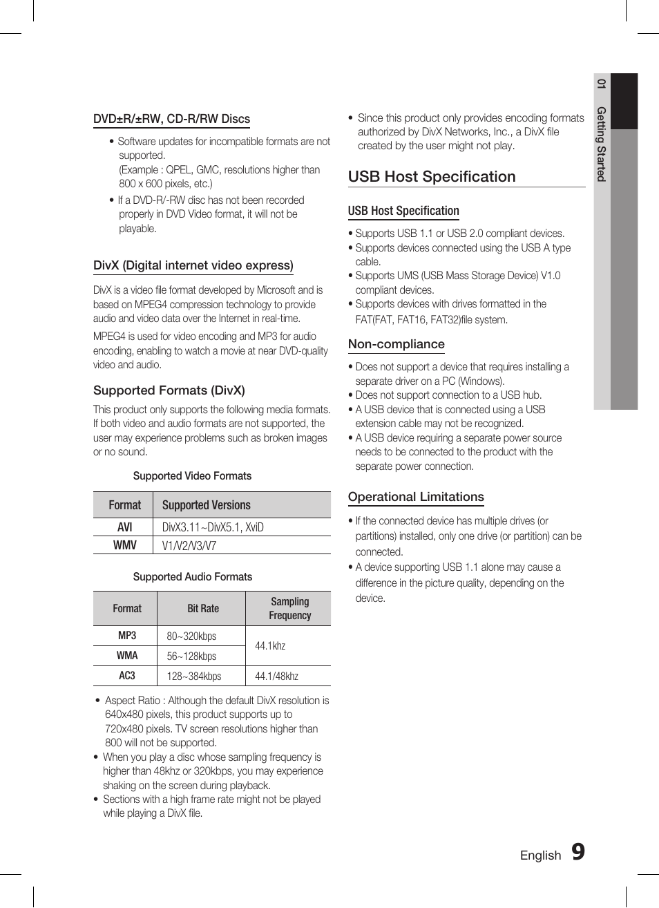 Usb host specification | Samsung AH68-02293B User Manual | Page 9 / 39