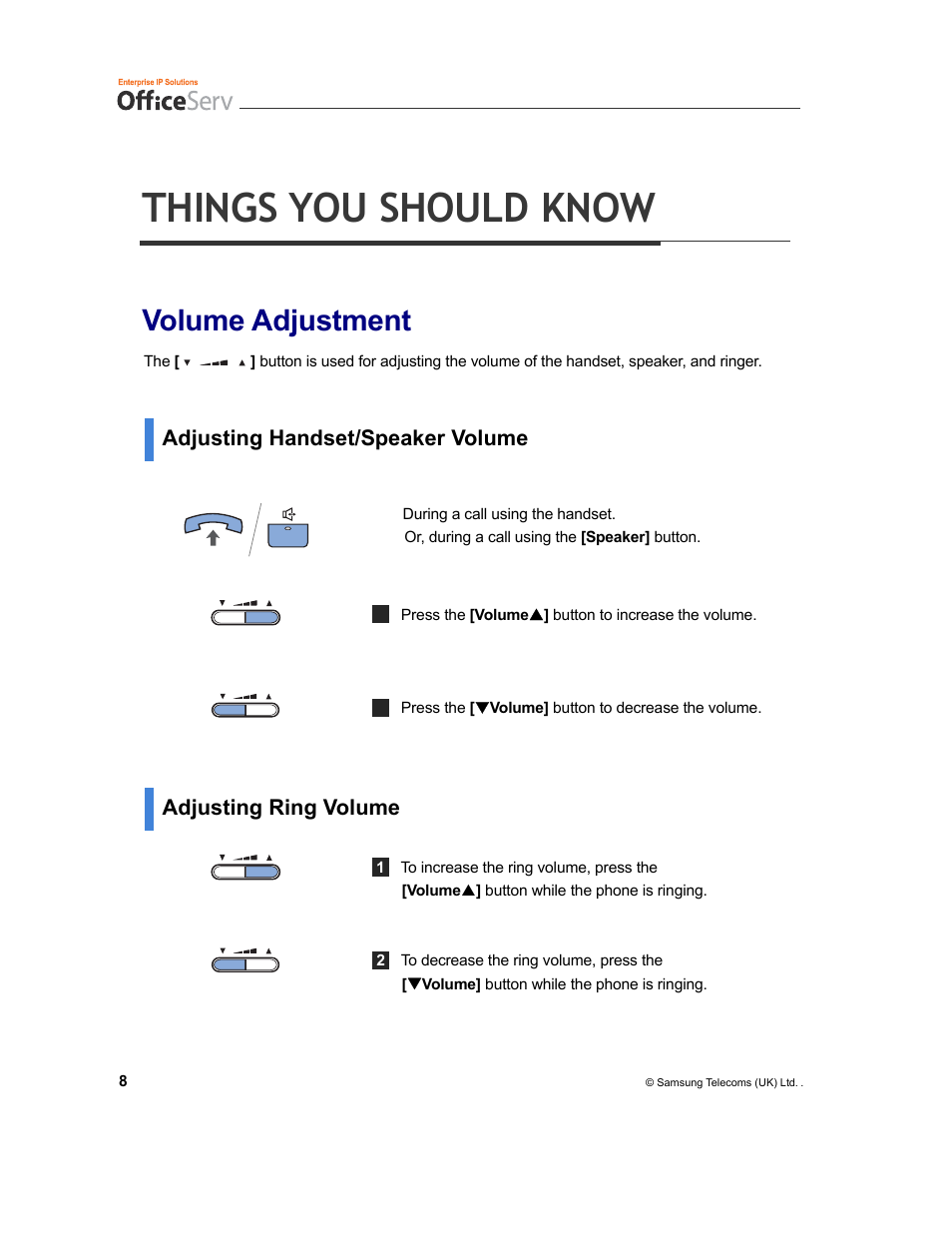 Things you should know, Volume adjustment, Adjusting handset/speaker volume | Adjusting ring volume | Samsung DS-5038S  EN User Manual | Page 16 / 34