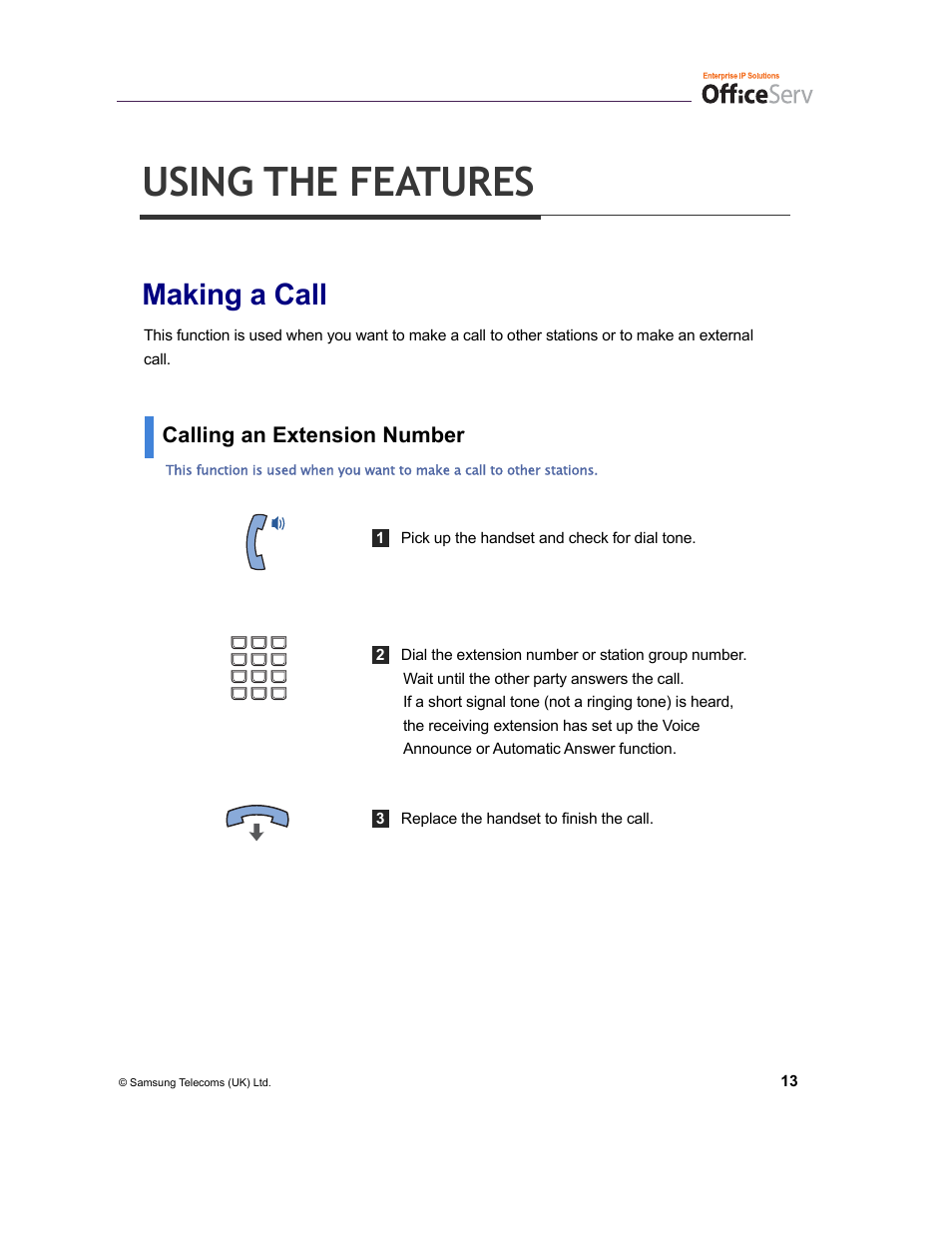Using the features, Making a call, Calling an extension number | Samsung DS-5038S  EN User Manual | Page 21 / 34