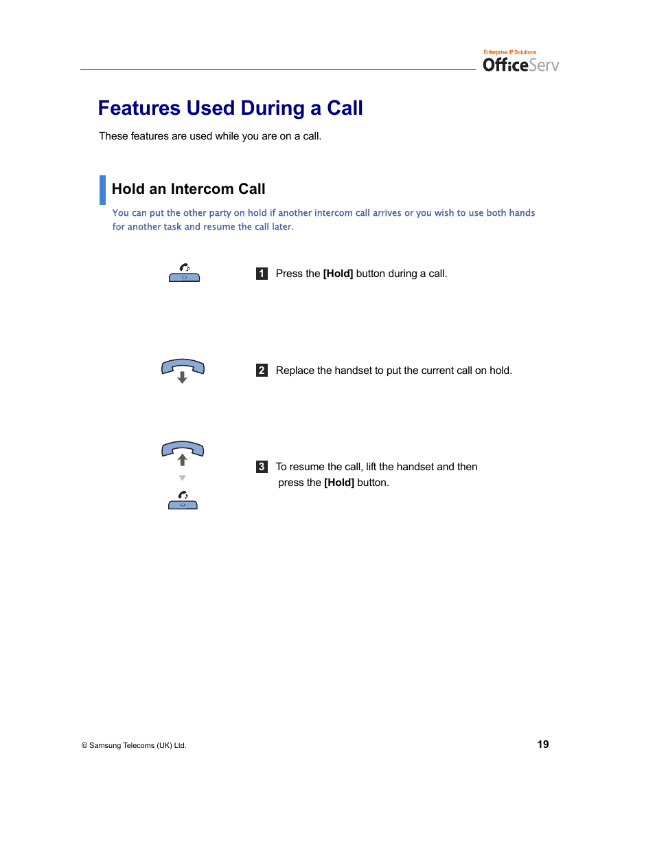 Features used during a call, Hold an intercom call | Samsung DS-5038S  EN User Manual | Page 27 / 34