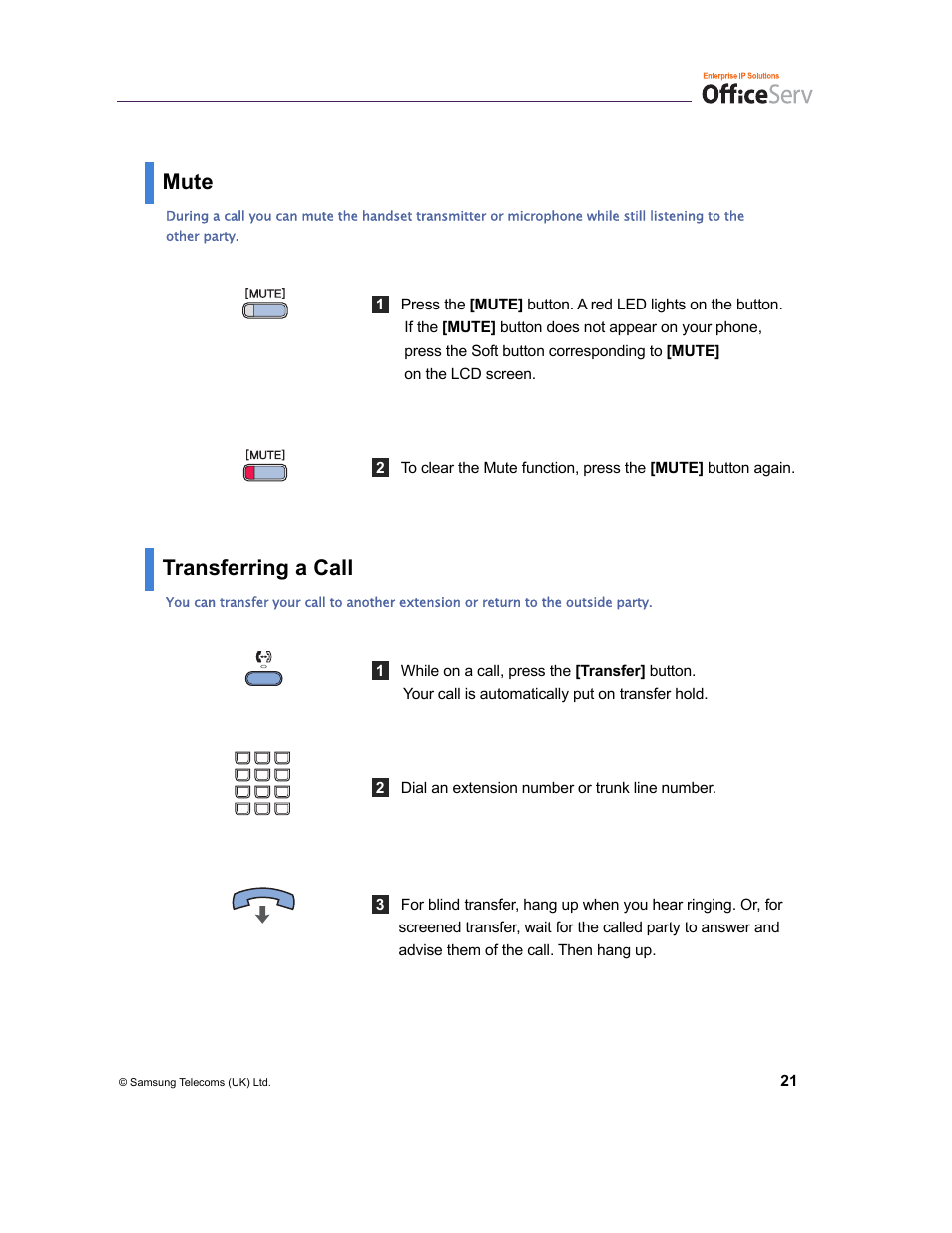 Mute, Transferring a call | Samsung DS-5038S  EN User Manual | Page 29 / 34