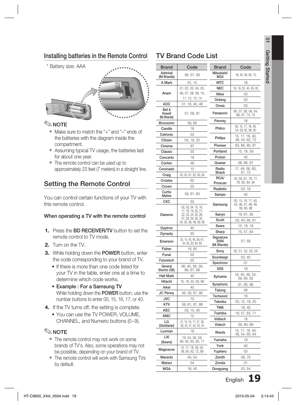 Installing batteries in the remote control, Setting the remote control, Tv brand code list | English, Battery size: aaa | Samsung HT C6600 User Manual | Page 19 / 73