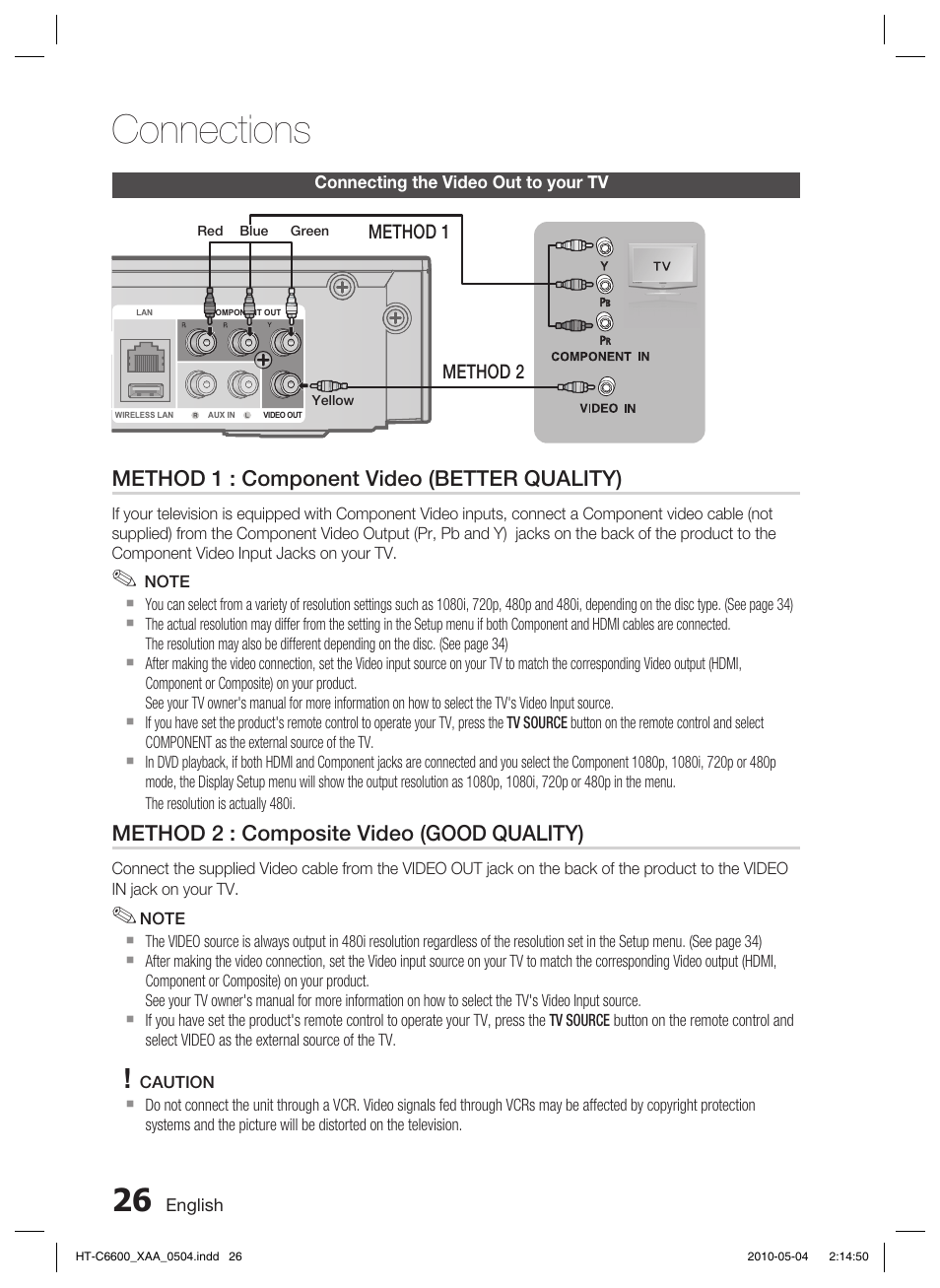 Connecting audio from external components, Connections, Method 1 : component video (better quality) | Method 2 : composite video (good quality) | Samsung HT C6600 User Manual | Page 26 / 73