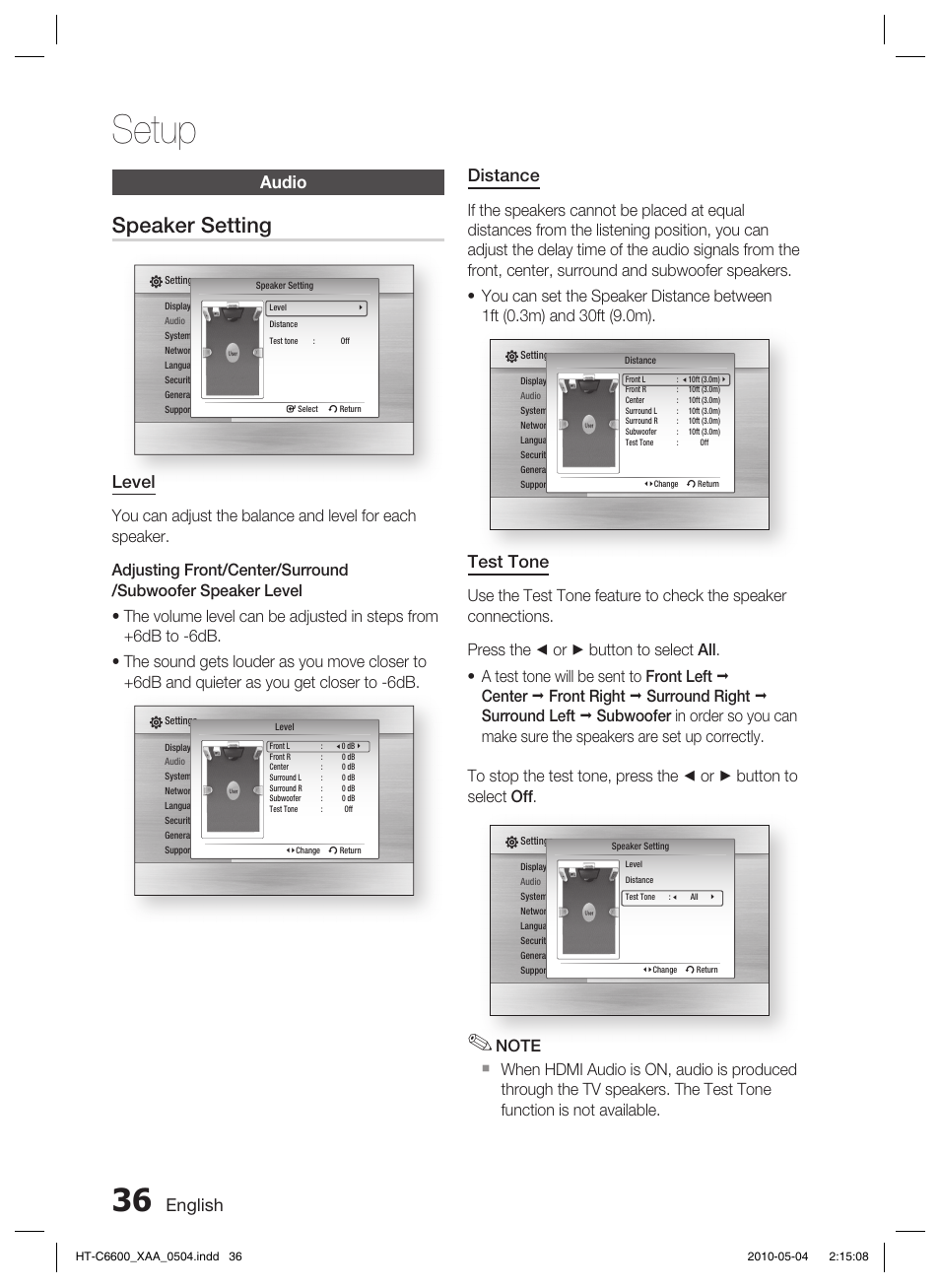 Audio, Setup, Speaker setting | English, Audio distance, Test tone, Level | Samsung HT C6600 User Manual | Page 36 / 73