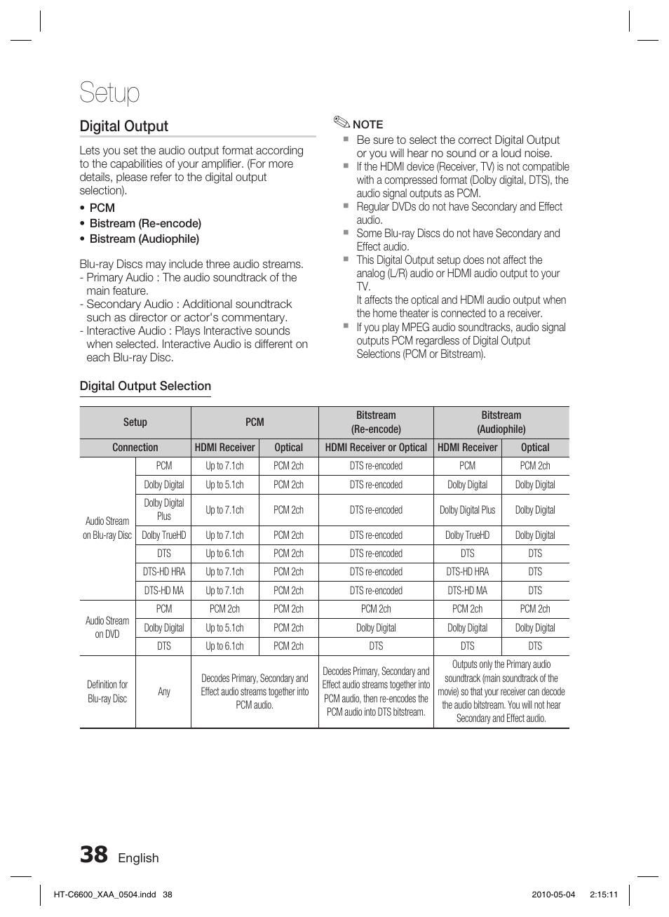 Setup, Digital output | Samsung HT C6600 User Manual | Page 38 / 73