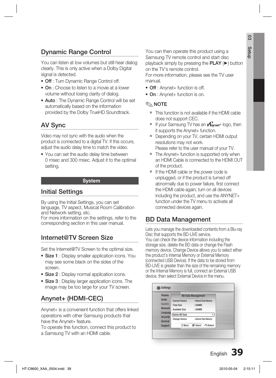 System, Dynamic range control, Av sync | Initial settings, Internet@tv screen size, Anynet+ (hdmi-cec), Bd data management | Samsung HT C6600 User Manual | Page 39 / 73