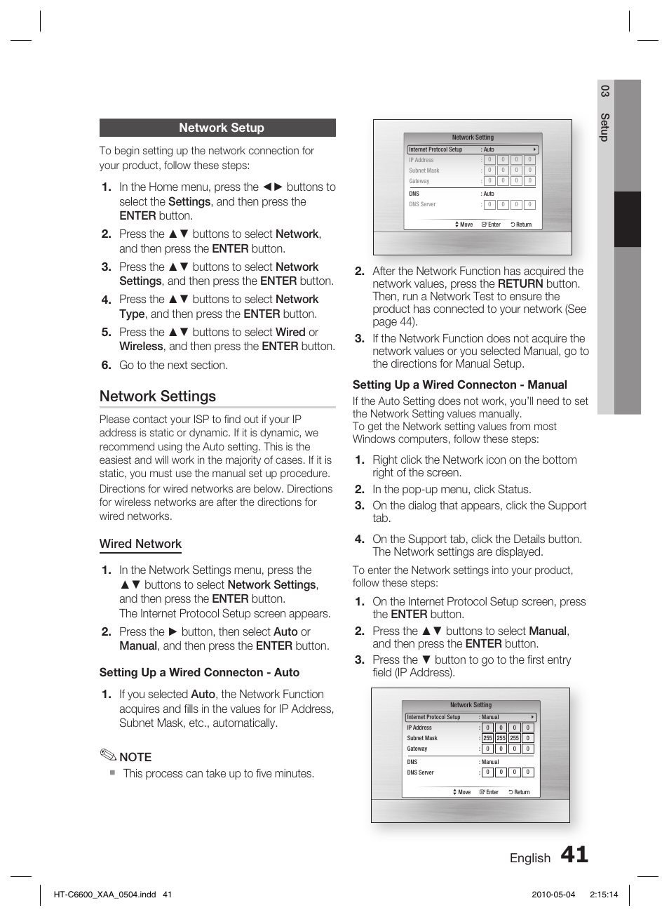 Network settings, English, Network setup | Wired network | Samsung HT C6600 User Manual | Page 41 / 73