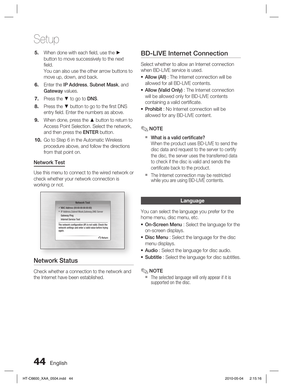 Language, Setup, Network status | Bd-live internet connection | Samsung HT C6600 User Manual | Page 44 / 73