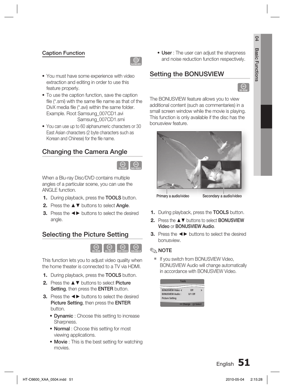 Hzzy, Changing the camera angle, Selecting the picture setting | Setting the bonusview | Samsung HT C6600 User Manual | Page 51 / 73