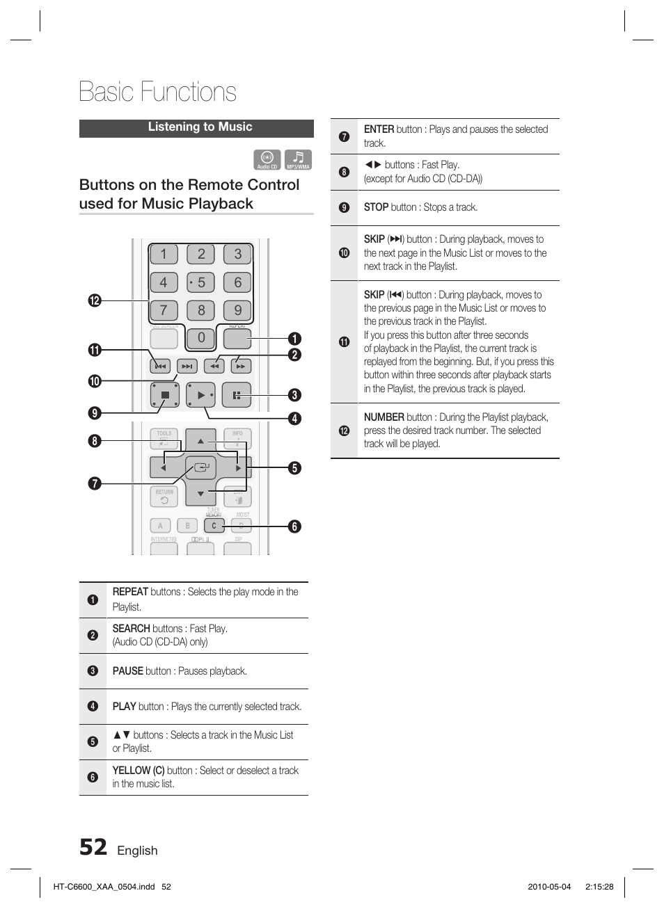 Listening to music, Basic functions | Samsung HT C6600 User Manual | Page 52 / 73