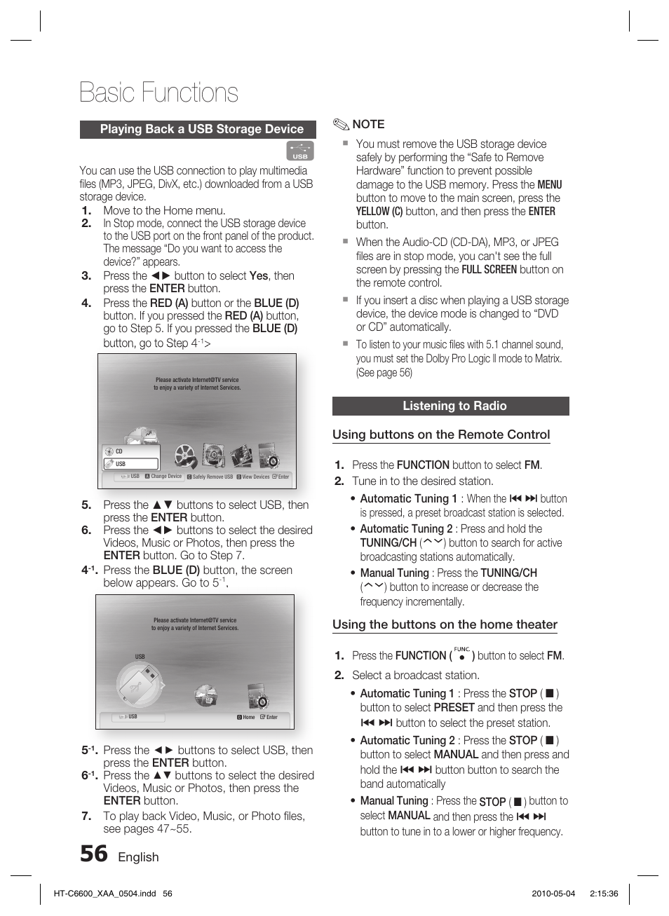 Playing back a usb storage device, Listening to radio, Basic functions | Samsung HT C6600 User Manual | Page 56 / 73