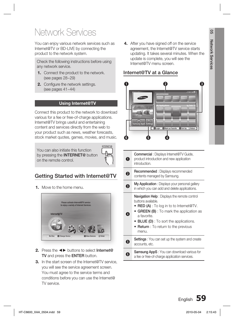 Using internet@tv, Network services, Getting started with internet@tv | Internet@tv at a glance, English | Samsung HT C6600 User Manual | Page 59 / 73