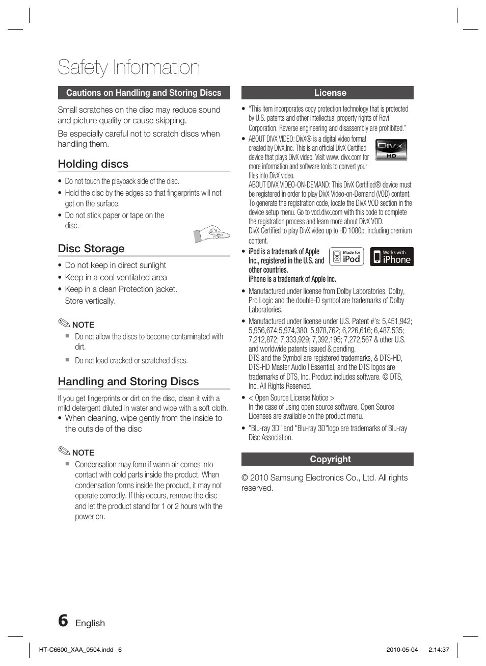 Cautions on handling and storing discs, License, Copyright | Safety information | Samsung HT C6600 User Manual | Page 6 / 73