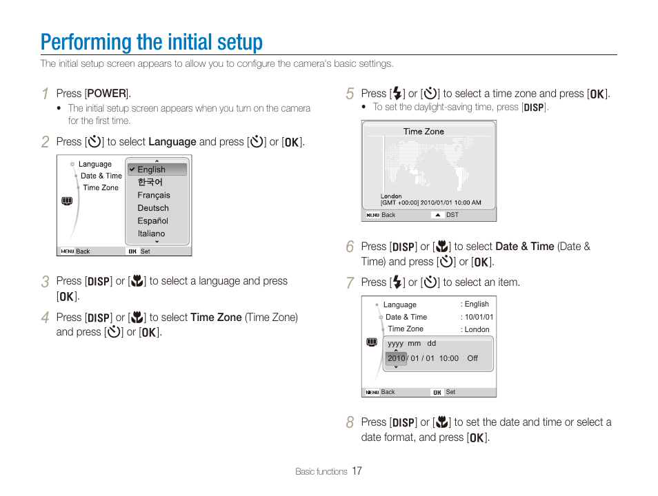 Performing the initial setup | Samsung DualView TL210 User Manual | Page 18 / 108