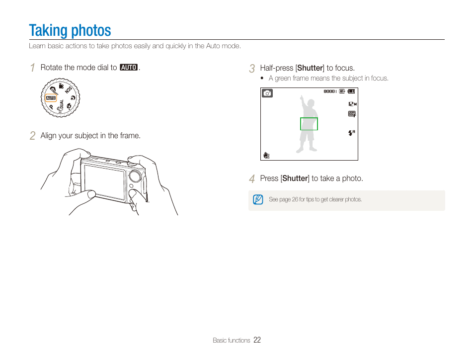 Taking photos | Samsung DualView TL210 User Manual | Page 23 / 108