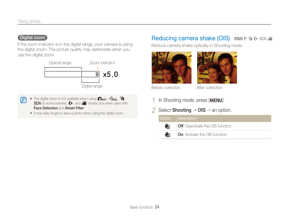 Reducing camera shake (ois) | Samsung DualView TL210 User Manual | Page 25 / 108