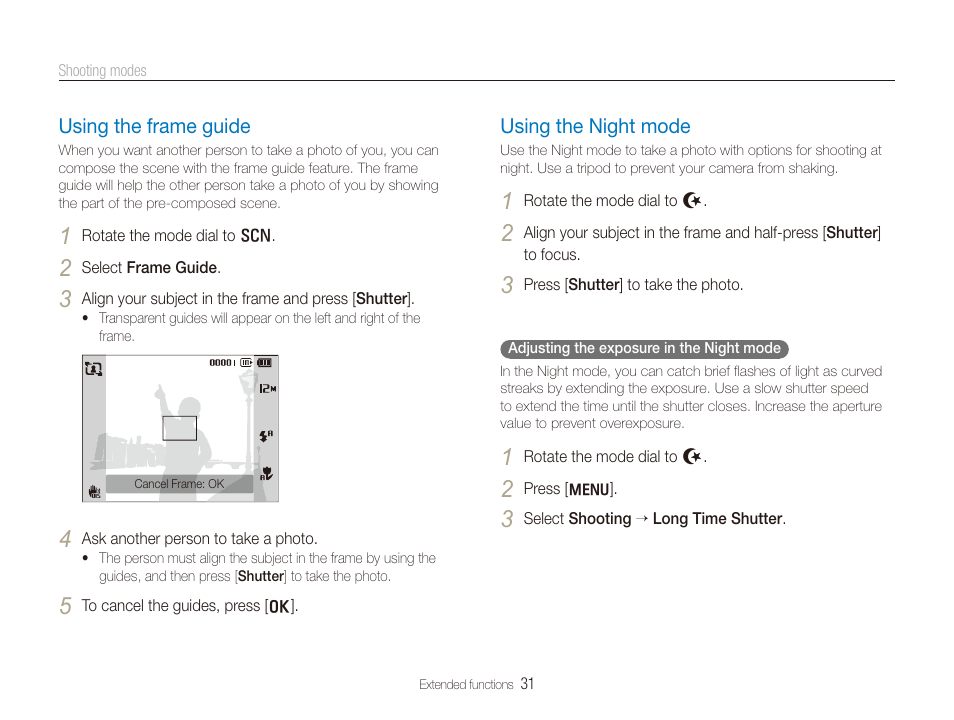 Using the frame guide, Using the night mode, P. 31) | Samsung DualView TL210 User Manual | Page 32 / 108