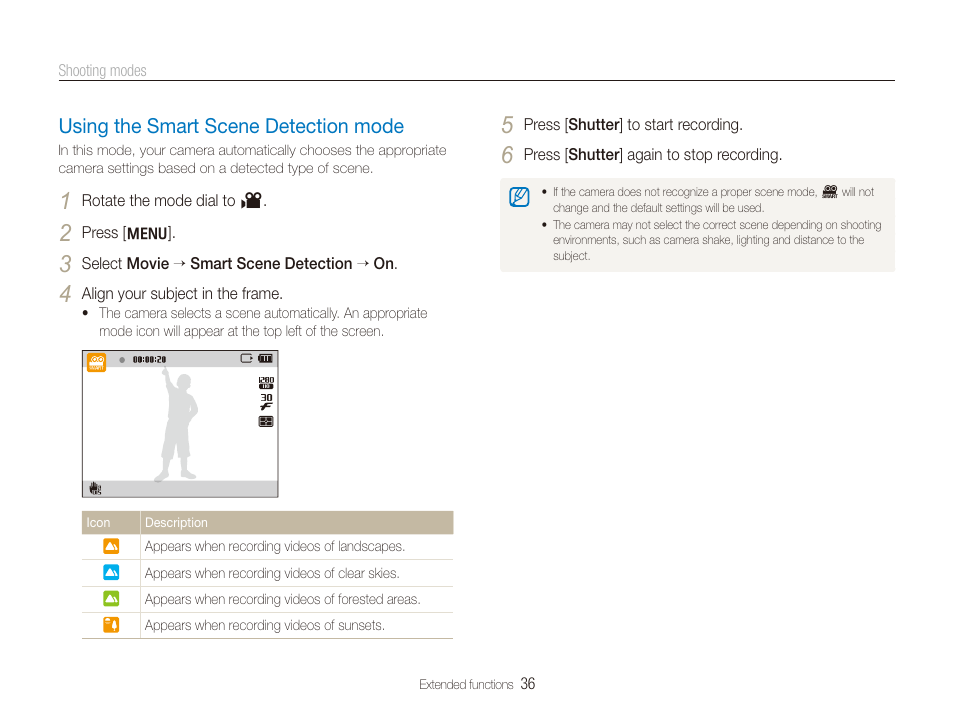 Using the smart scene detection mode | Samsung DualView TL210 User Manual | Page 37 / 108