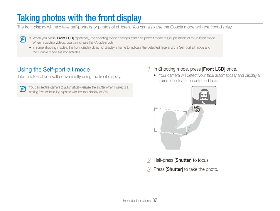 Taking photos with the front display, Using the self-portrait mode | Samsung DualView TL210 User Manual | Page 38 / 108