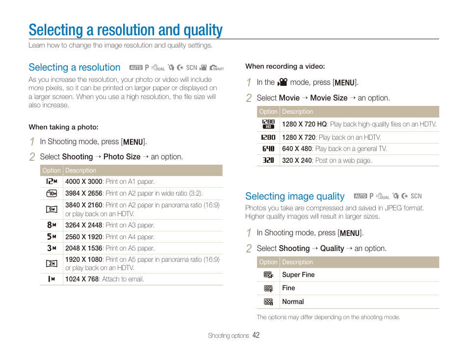 Selecting a resolution and quality, Selecting a resolution, Selecting image quality | Selecting a resolution ………………………… 42, Selecting image quality ……………………… 42 | Samsung DualView TL210 User Manual | Page 43 / 108