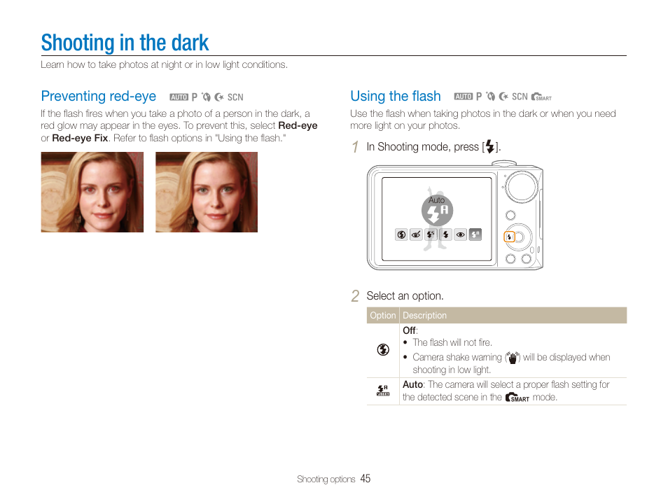 Shooting in the dark, Preventing red-eye, Using the flash | P. 45), Using the ﬂash, Preventing red-eye …………………………… 45, Using the ﬂash ……………………………… 45 | Samsung DualView TL210 User Manual | Page 46 / 108